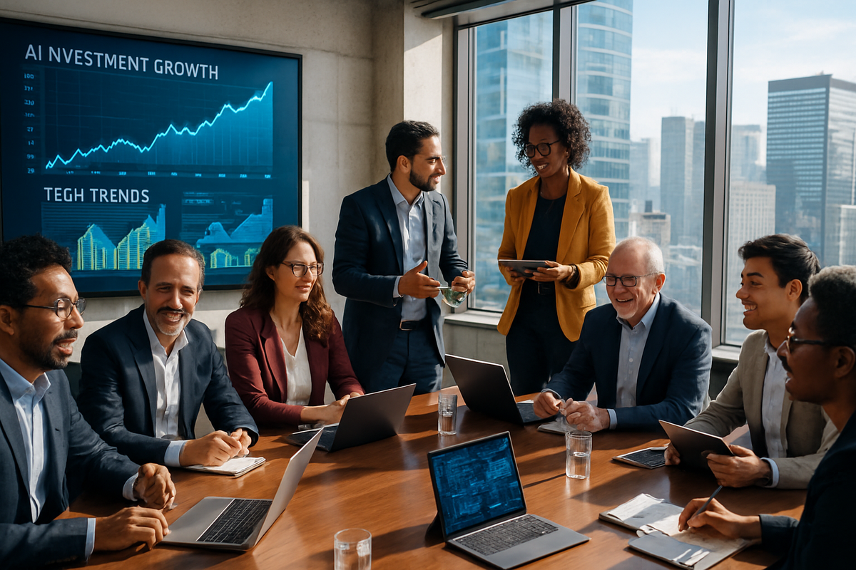 A diverse group of professionals is engaged in a meeting around a table with laptops, discussing trends displayed on a screen.