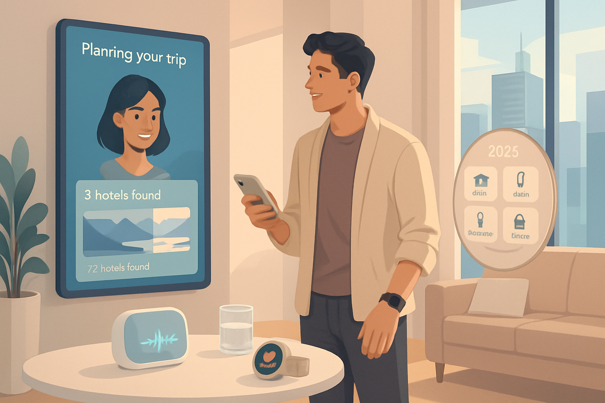 A person is planning a trip using a digital display that shows hotel options, while holding a smartphone and seated beside smart home devices.