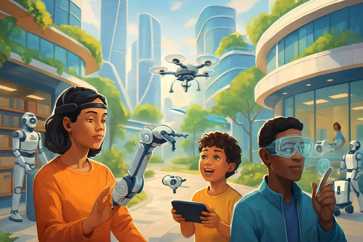 A diverse group of children interacts with futuristic technology, including robots and drones, in a vibrant urban setting.