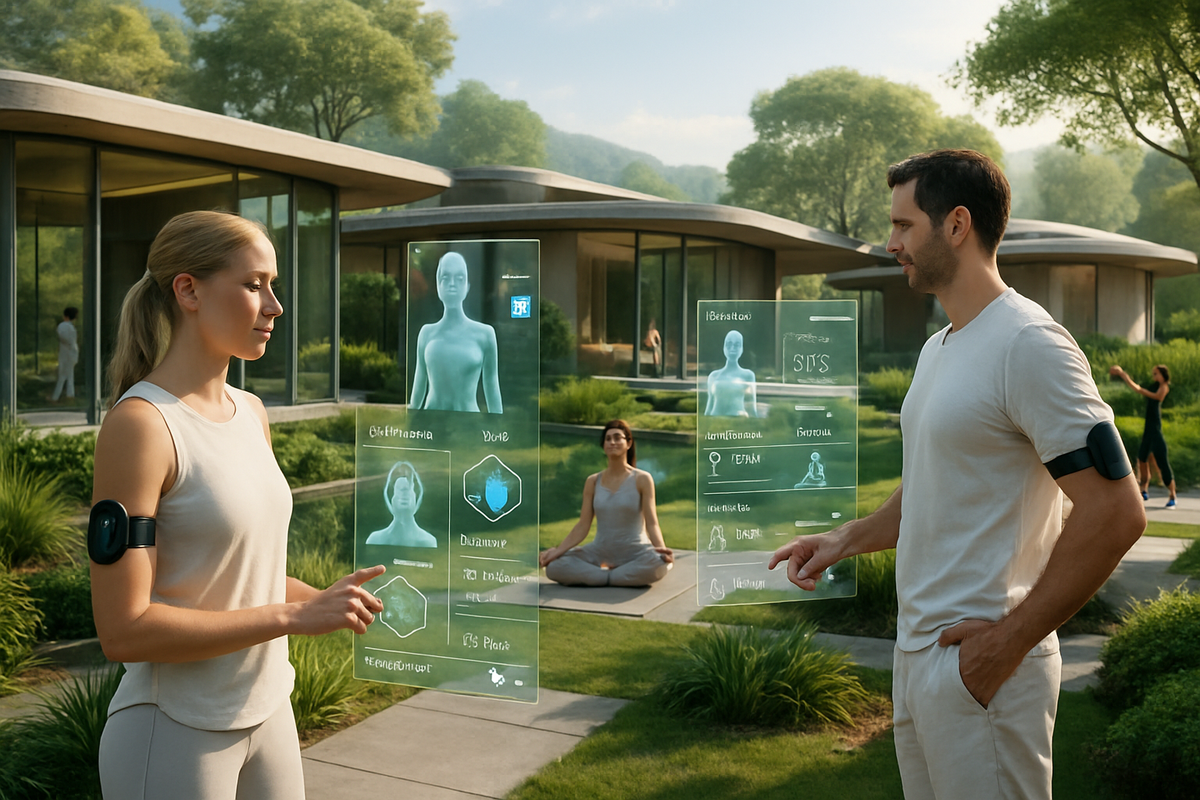 The image depicts a futuristic outdoor setting where two individuals interact with holographic health data displays while another person meditates nearby.