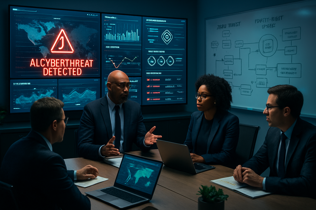 A group of professionals in suits is gathered around a table discussing a cyber threat, with large digital screens displaying data and alerts in a modern meeting room.
