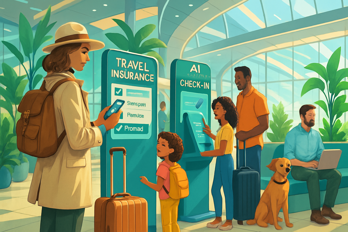 The image depicts a vibrant airport scene with travelers interacting with travel insurance and AI check-in kiosks, alongside a dog and lush plants.