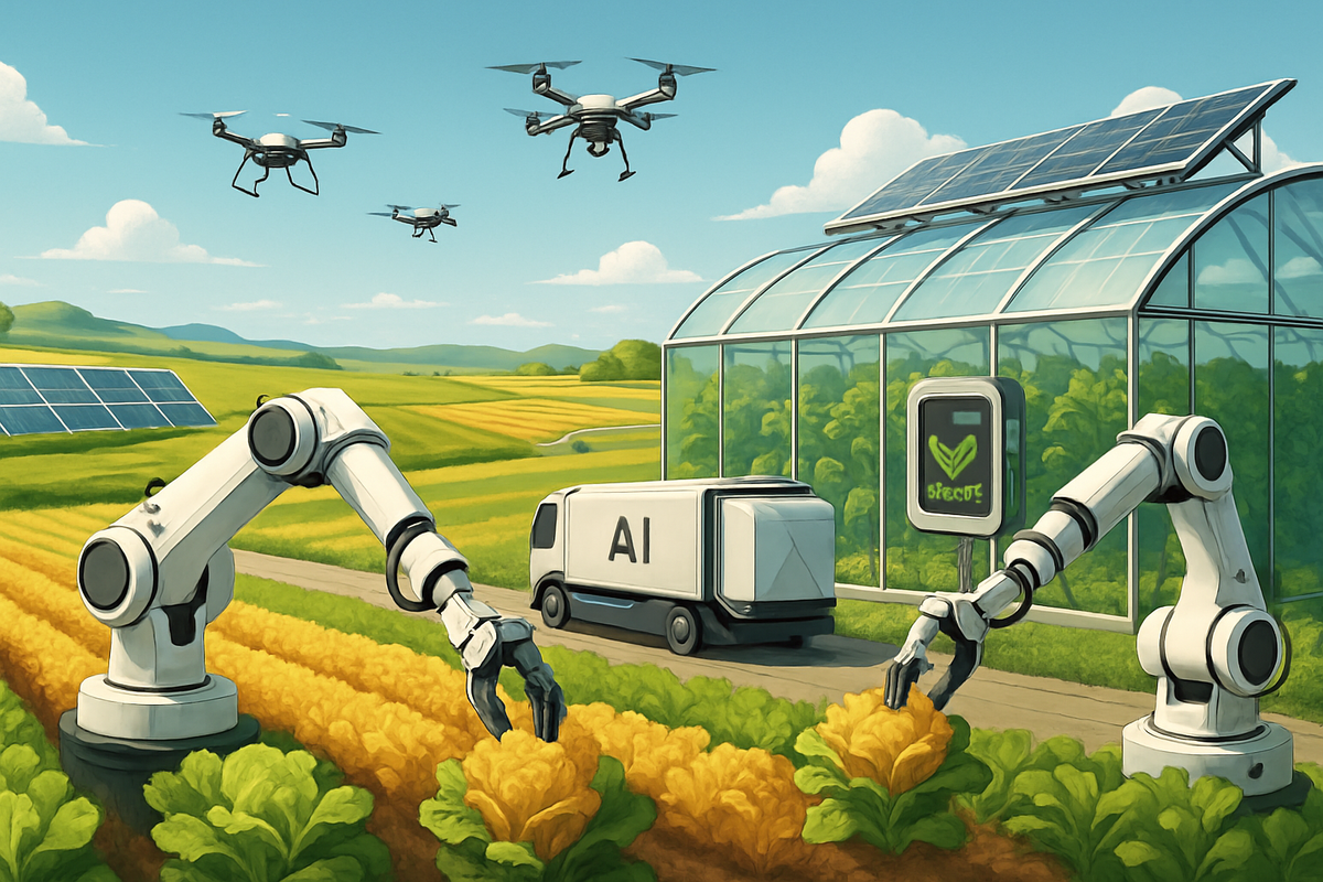 The image depicts an advanced agricultural scene with robotic arms tending to crops, drones flying overhead, and a delivery vehicle labeled "AI" near a greenhouse.