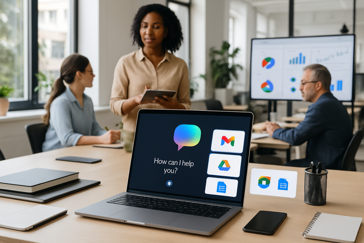 The image shows a modern office setting with people engaged in a meeting, featuring a laptop displaying a virtual assistant interface and various app icons.