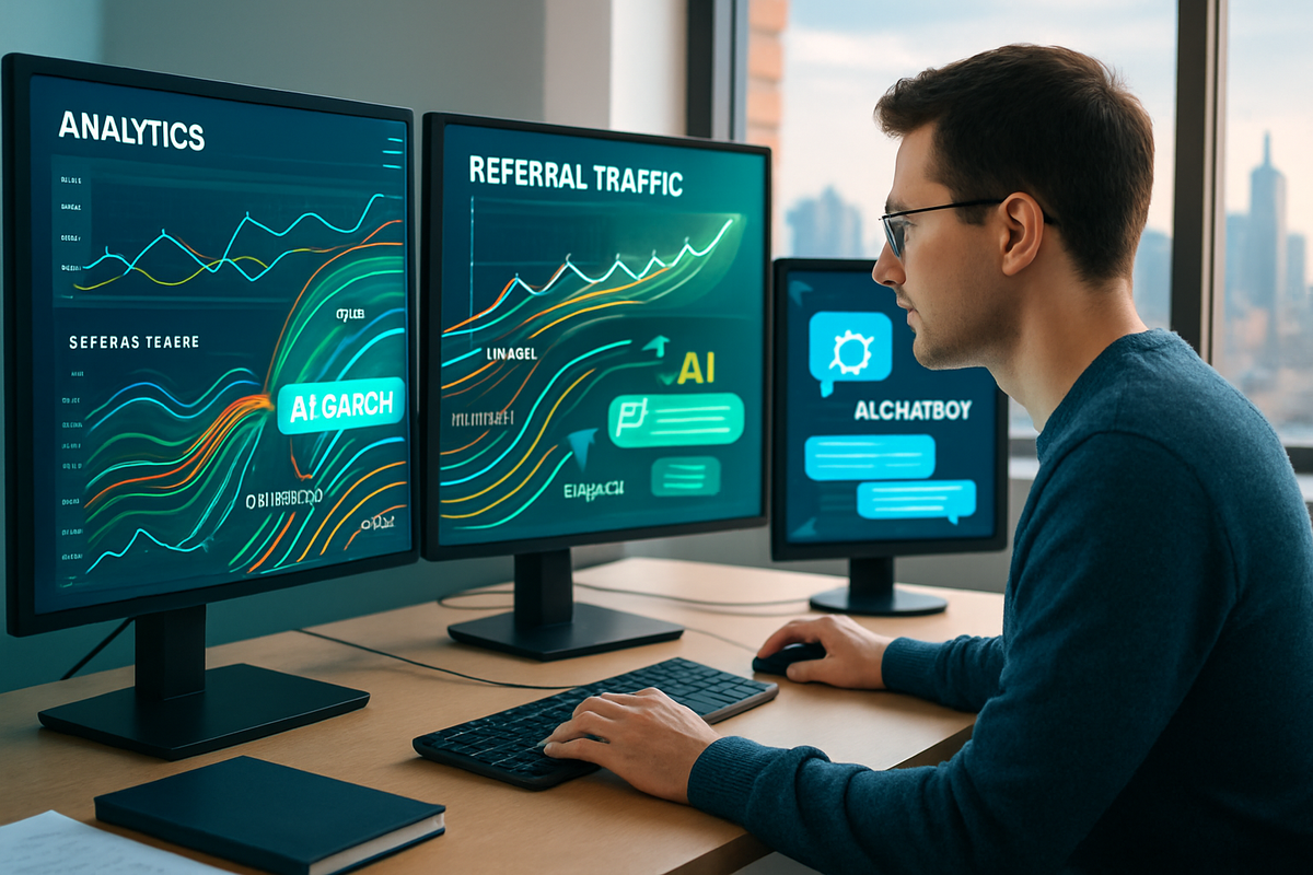 A man sits at a desk, focused on three computer monitors displaying colorful analytics and data graphics.