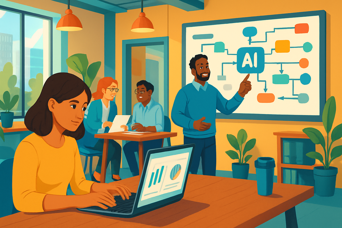 The image depicts a diverse group of people in a modern office setting discussing artificial intelligence, with one person presenting to the group while another works on a laptop.