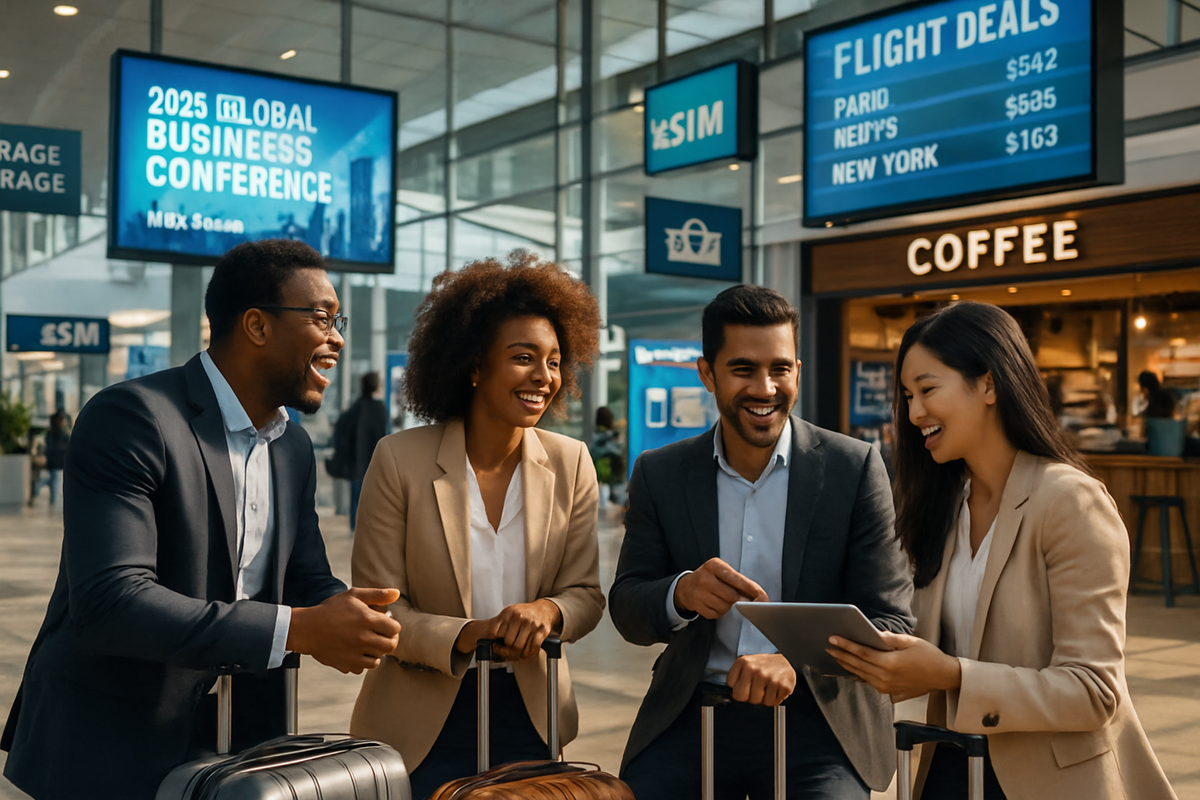 A group of four professionals, casually dressed in suits, are socializing and smiling at an airport setting with digital screens in the background.
