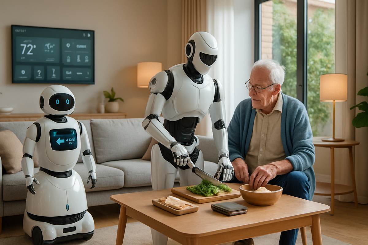 An elderly man sits at a table in a modern living room as two humanoid robots assist him with meal preparation.
