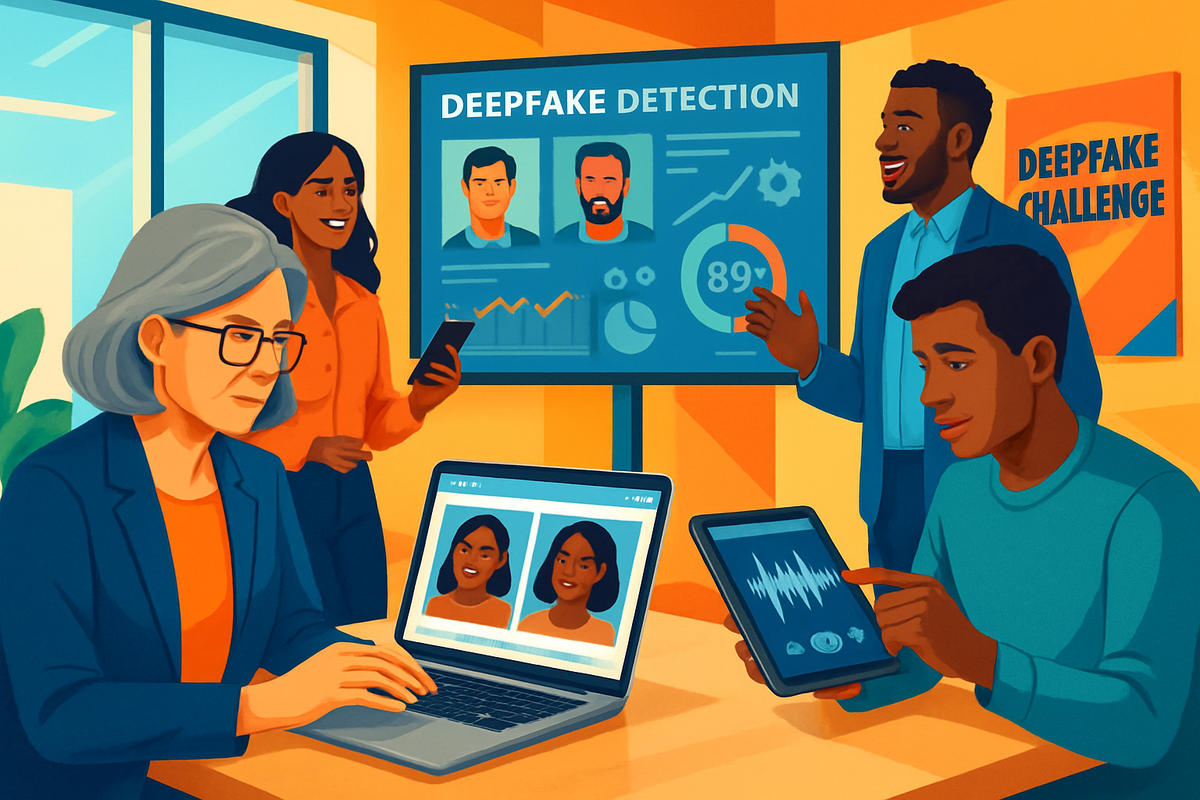 The image depicts a diverse group of individuals collaborating on deepfake detection technology in a modern office setting.