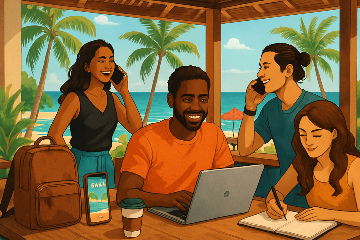 A group of four people is engaging in work and conversation by a tropical beach setting, with palm trees visible in the background.