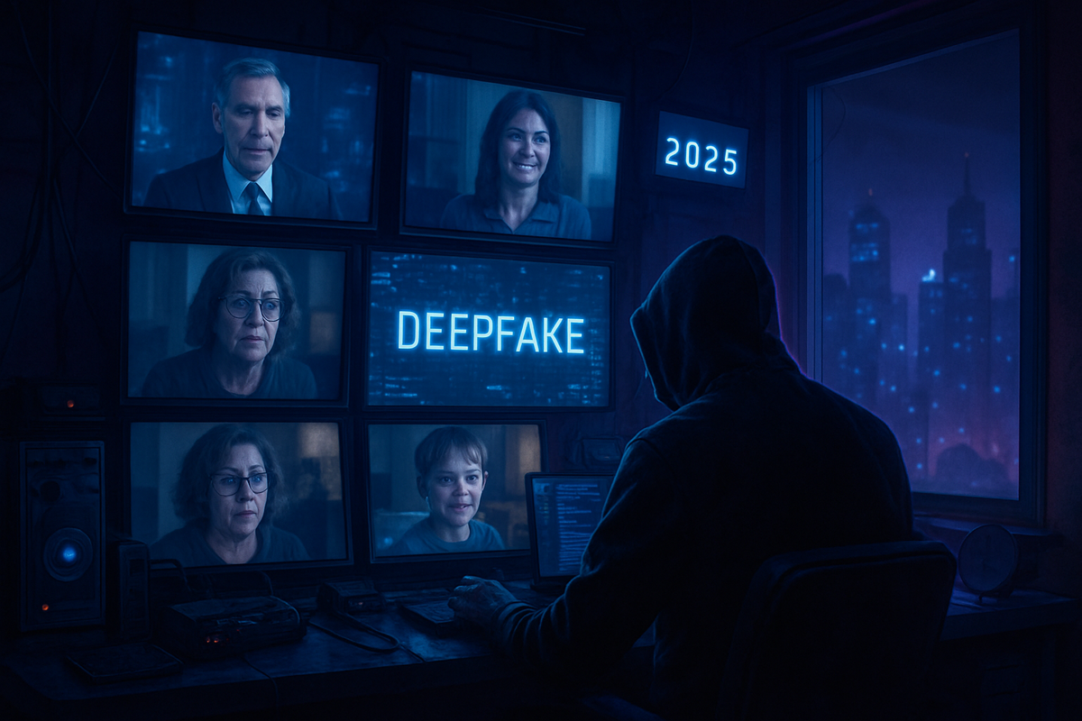 A hooded figure sits at a computer surrounded by screens displaying various faces and the word "DEEPFAKE," with a futuristic cityscape visible through a window.