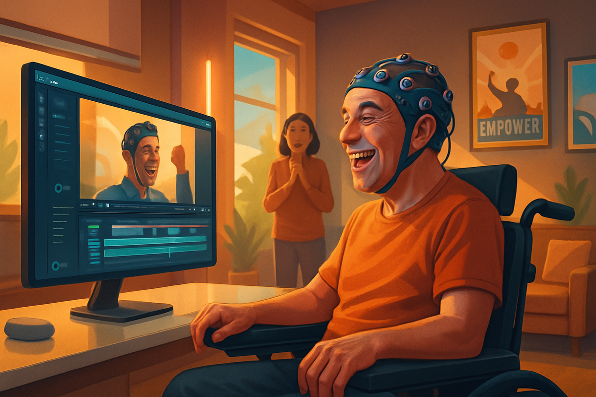 A man in a wheelchair wears a headset with sensors and smiles joyfully while observing a screen that displays his own happy face, with a woman looking on in the background.