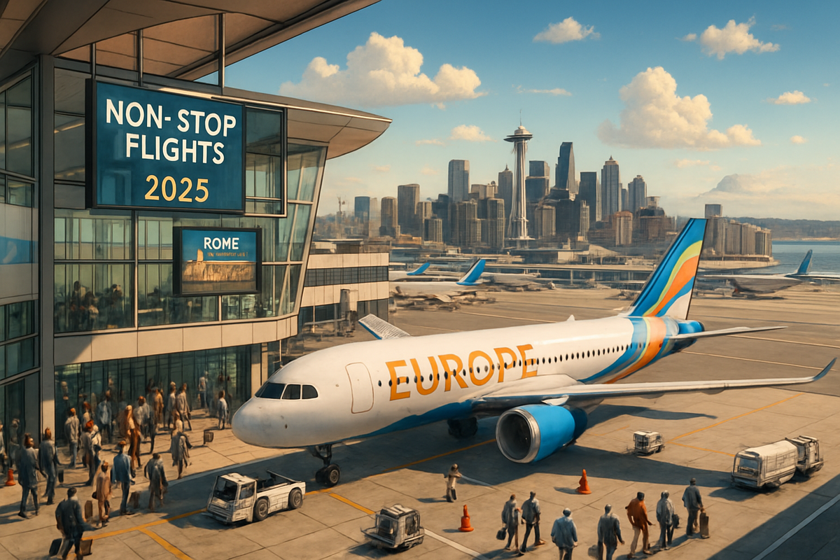 The image shows an airport scene with passengers boarding a colorful airplane labeled "EUROPE" and a skyline in the background.