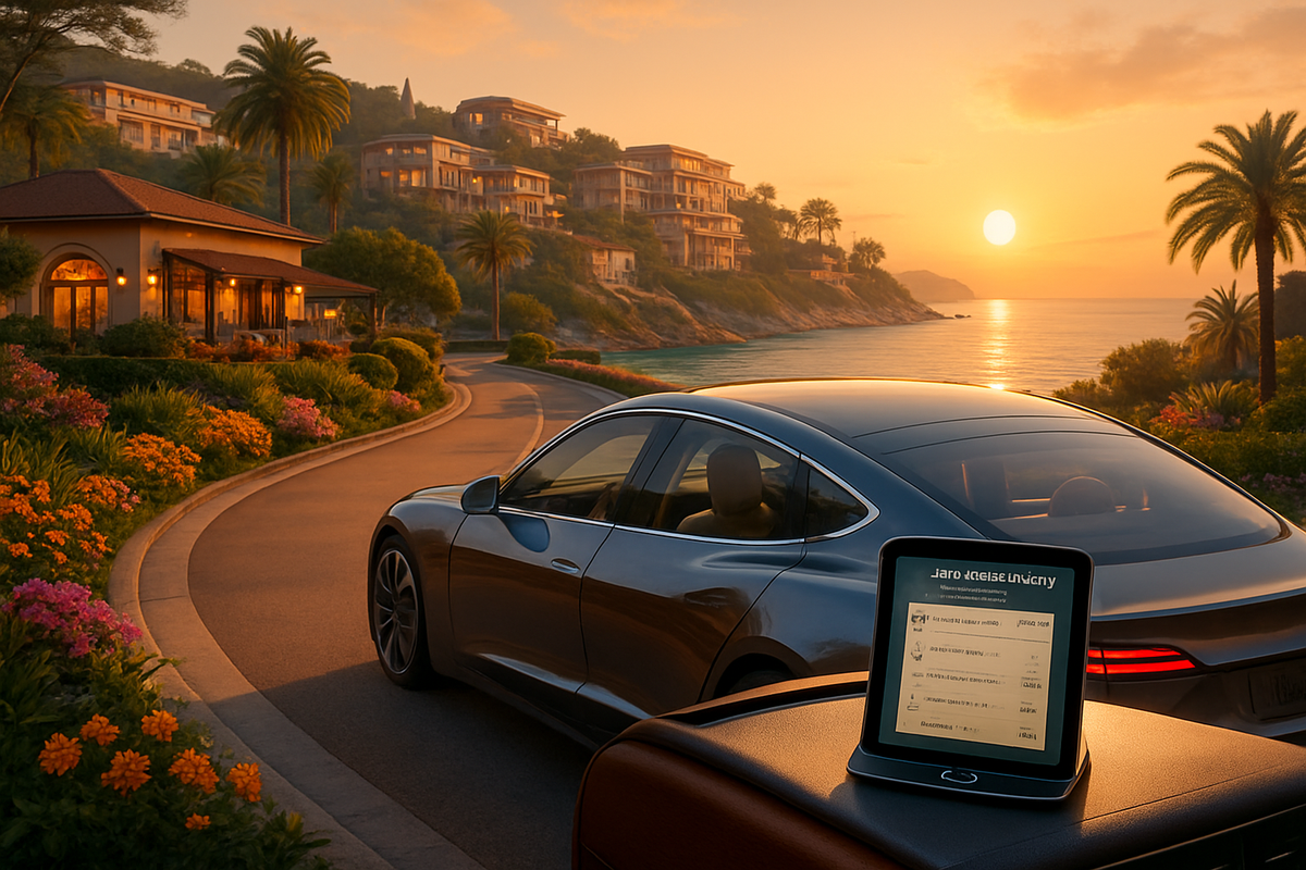 A sleek car is parked along a winding road that overlooks a sunset-lit coastal scene with luxury homes and vibrant flowers.