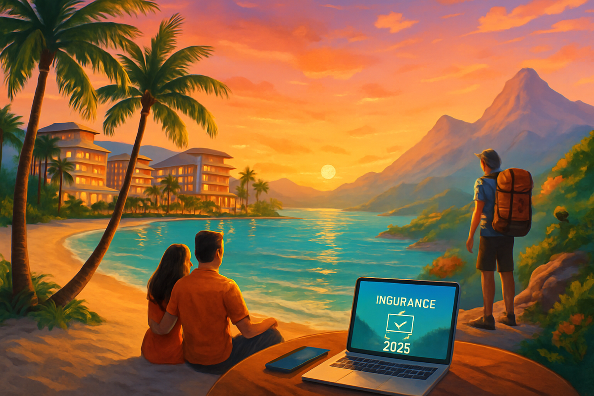 The image features a serene sunset by the beach with a couple sitting together, a mountain in the background, and a laptop displaying the word "INGURANCE 2025."