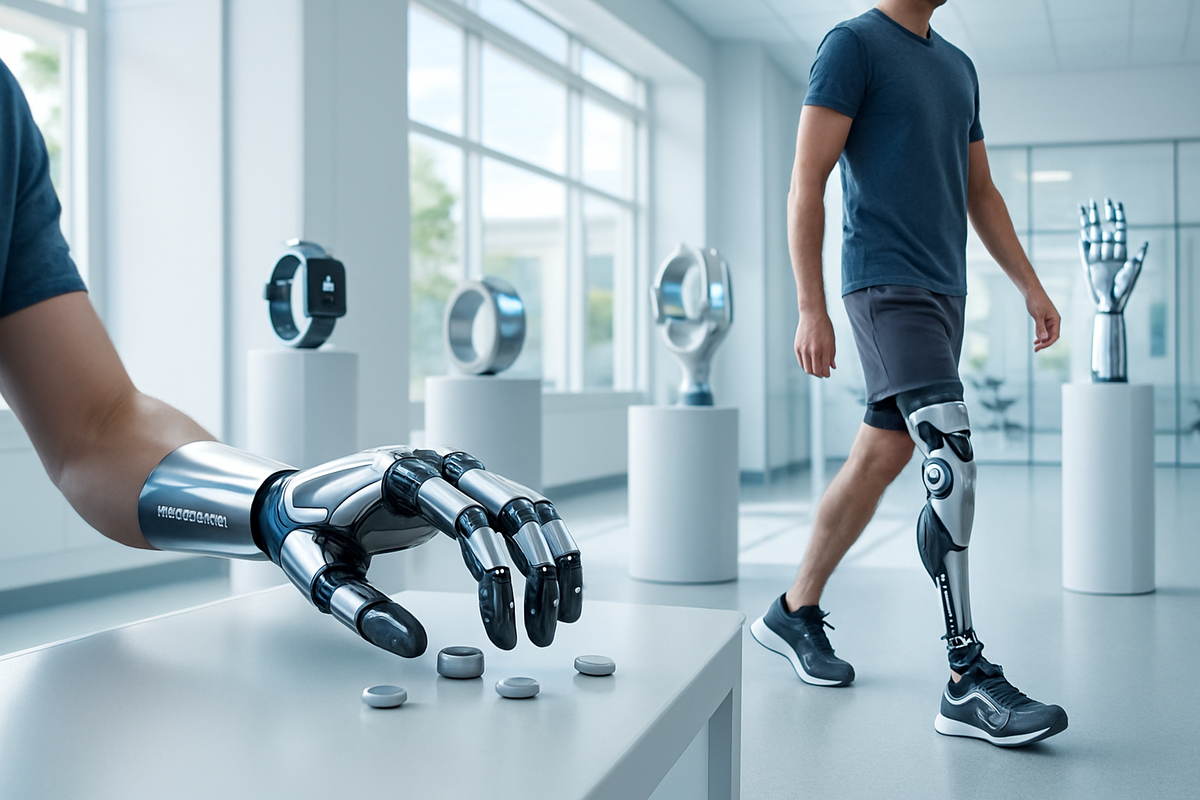 The image features a person with a prosthetic leg walking past futuristic robotic hands and wearable technology in a modern exhibit space.