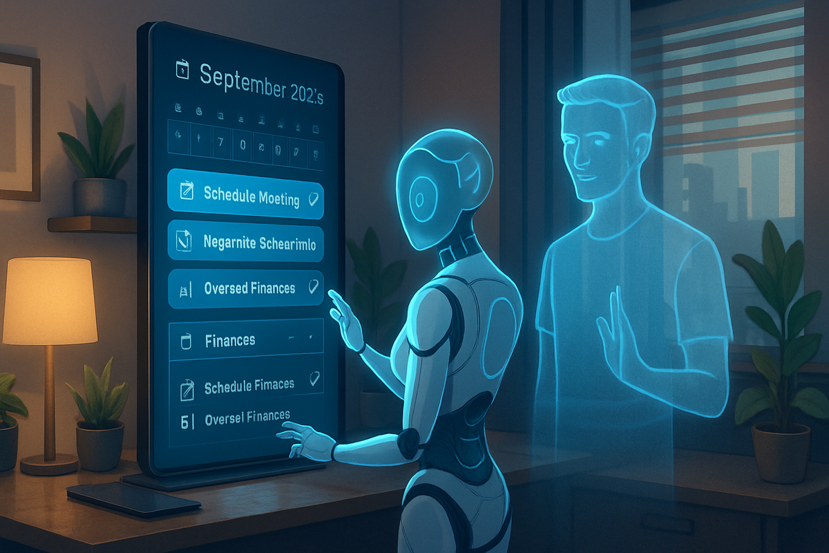 The image depicts a futuristic scene with a robot and a holographic figure interacting with a digital calendar display in a modern room.