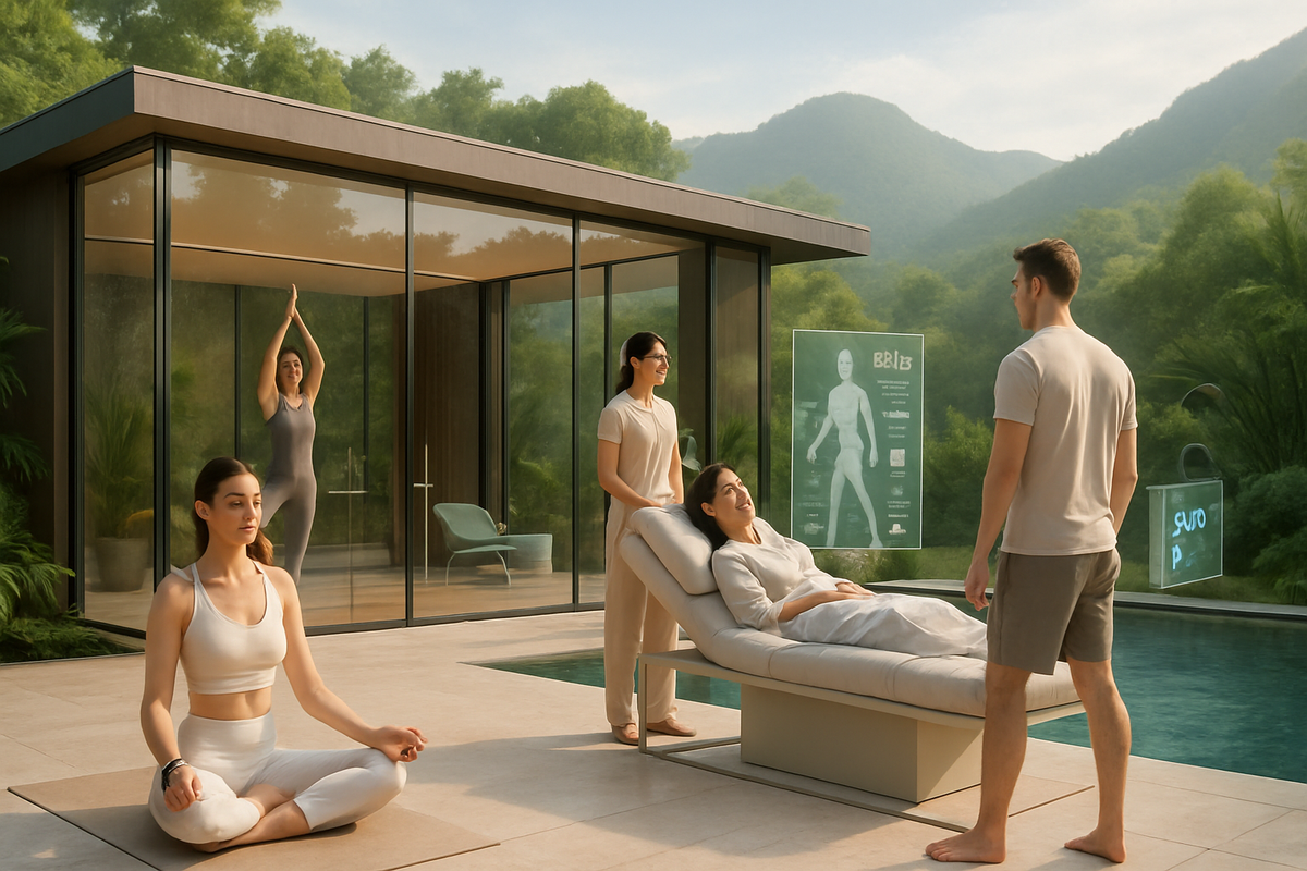 The image depicts a serene wellness scene by a pool with individuals engaged in yoga, massage, and relaxation amidst lush greenery and modern architecture.