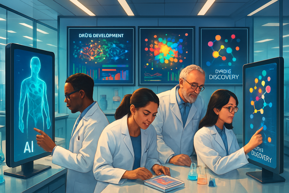 The image depicts a group of diverse scientists in lab coats engaged in drug development and discovery, interacting with advanced digital displays showcasing data and molecular structures.
