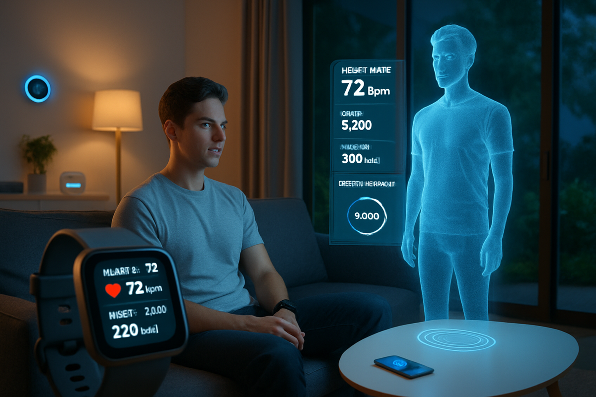 The image shows a young man sitting on a couch interacting with a holographic health monitor displaying various fitness metrics while a smartwatch on his wrist shows additional data.
