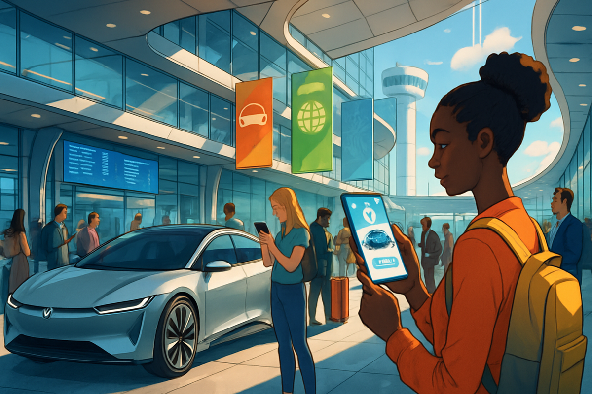 The image depicts a modern airport terminal with a sleek electric car, travelers interacting with devices, and colorful banners displayed in the background.