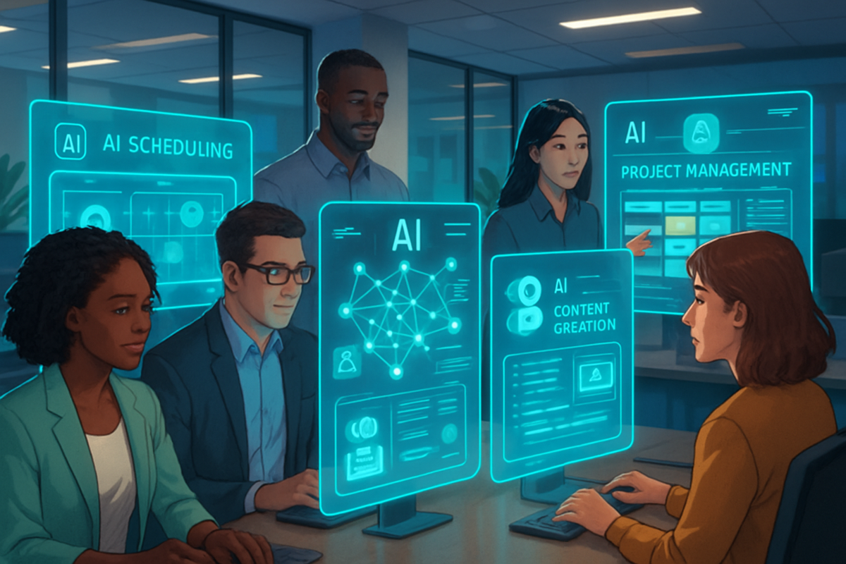 The image depicts a group of diverse individuals collaborating around futuristic computer screens displaying various AI applications in a modern office setting.