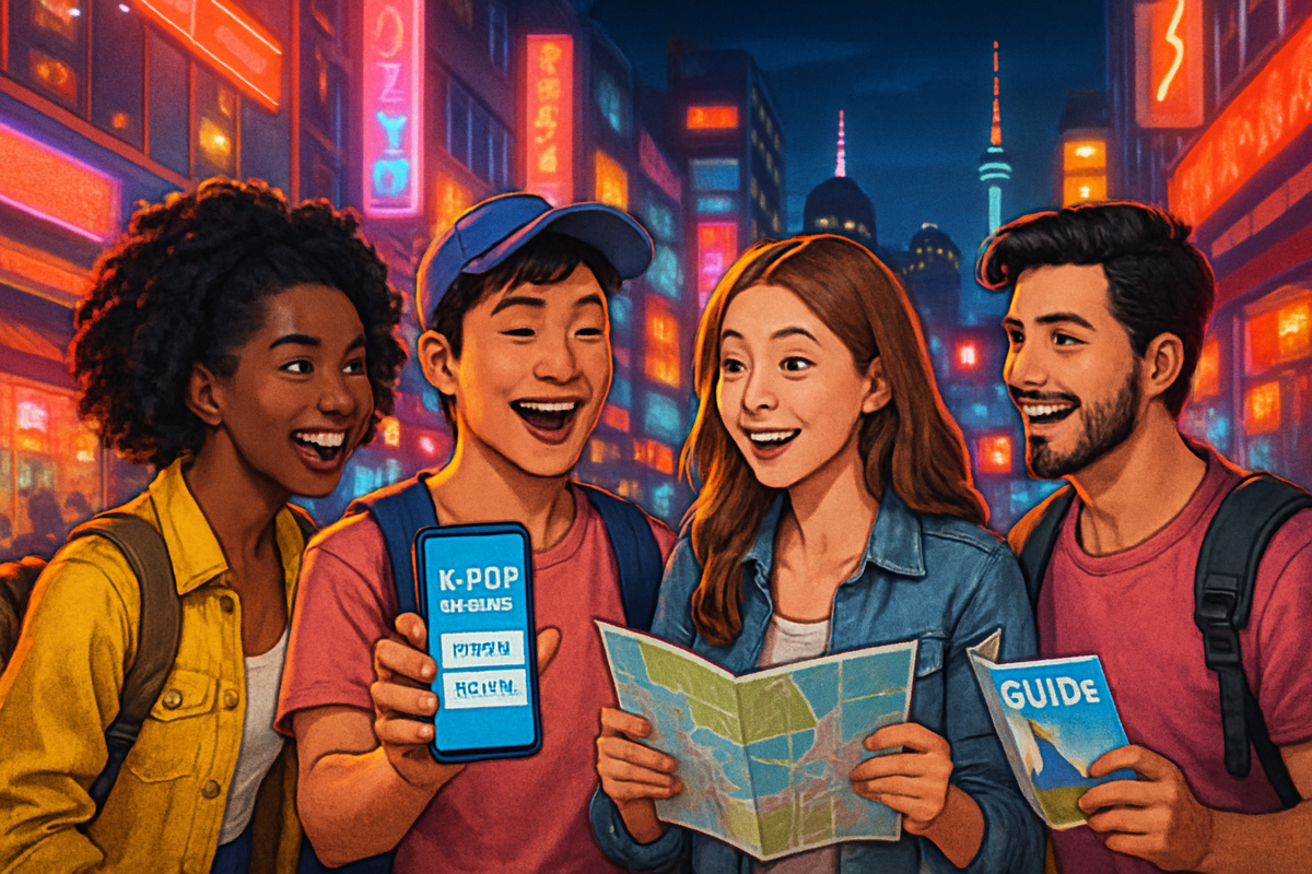 A group of four friends excitedly explore a vibrant city at night, with neon lights and one holding a phone displaying K-pop content while another holds a guide map.