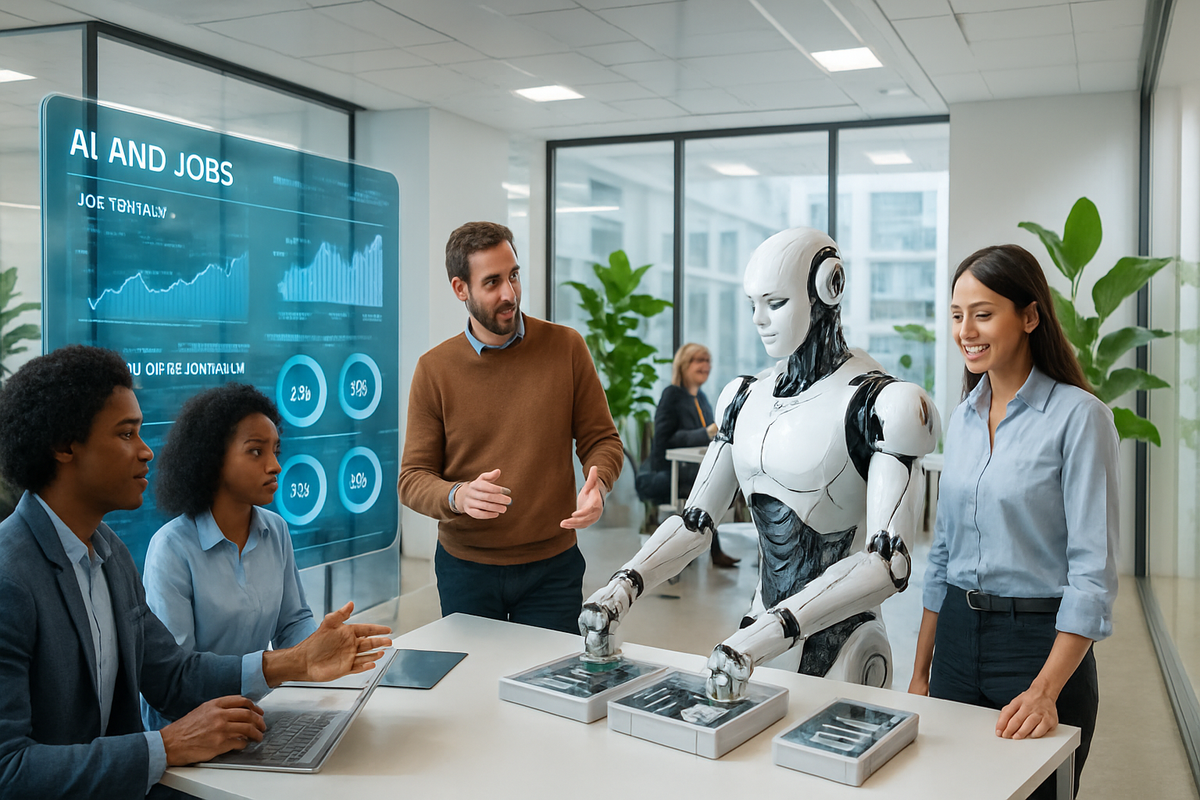 A diverse group of people engages with a humanoid robot in a modern office setting, discussing AI's impact on jobs while data visuals are displayed in the background.