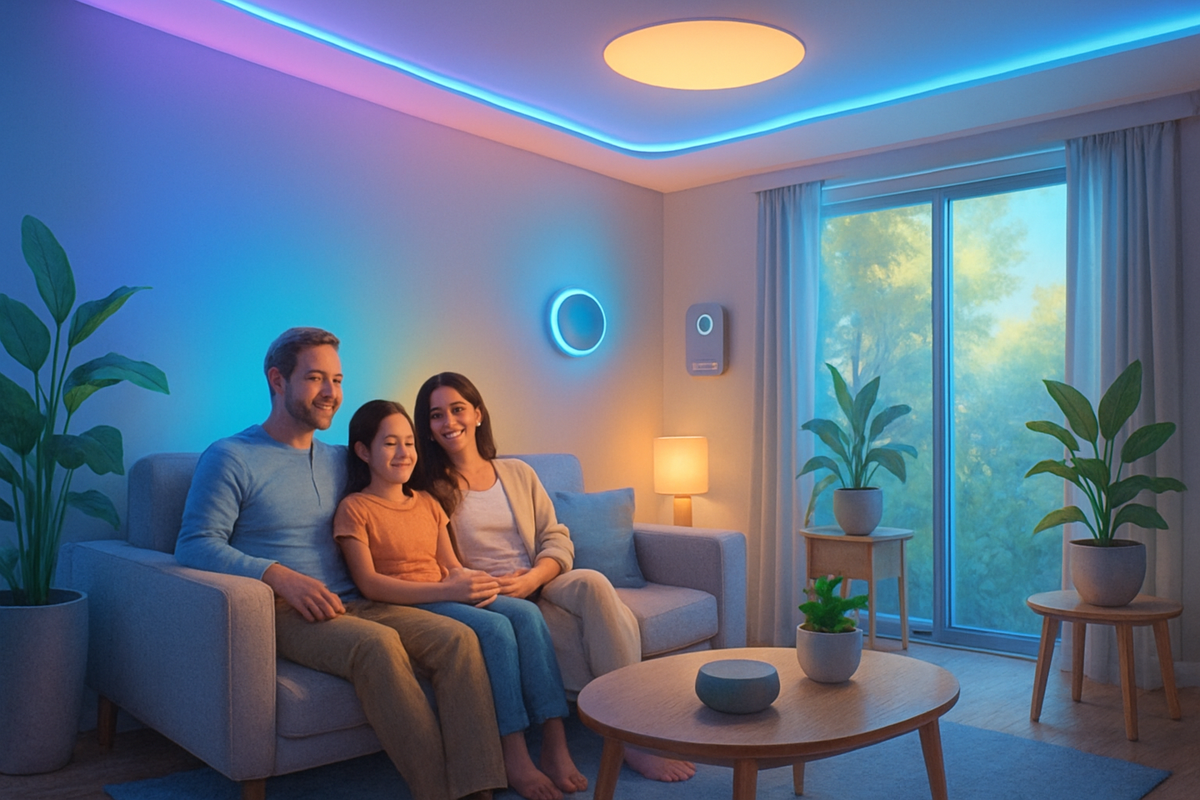 A happy family sits on a couch in a brightly lit modern living room with colorful ambient lighting.