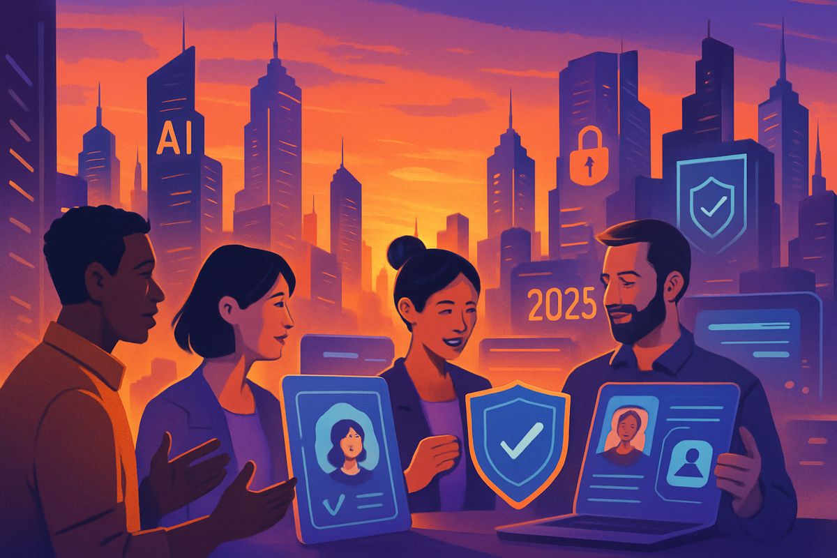 The image depicts four diverse professionals engaged in a discussion about AI, surrounded by a vibrant cityscape at sunset.