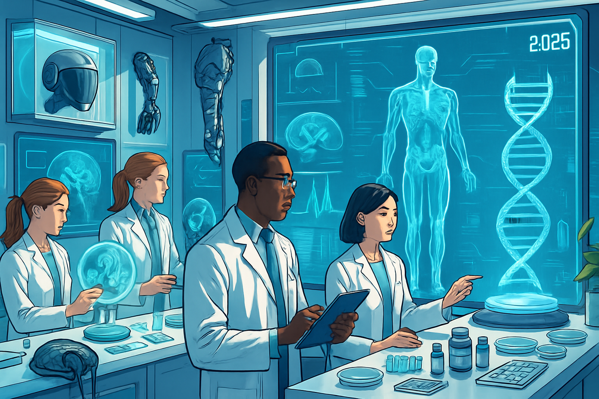 The image depicts a futuristic laboratory with four scientists examining holographic displays of DNA and human anatomy.