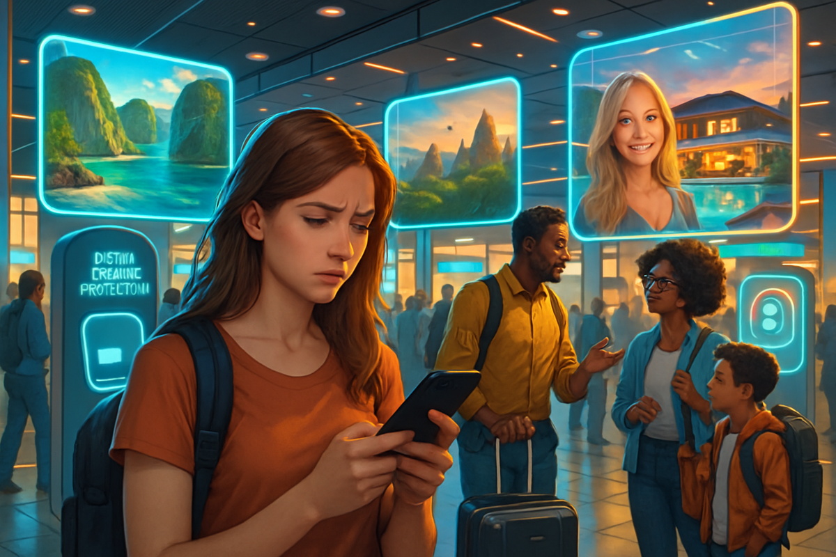 A young woman with a concerned expression looks at her phone, surrounded by vibrant advertisements and travelers in a modern terminal.