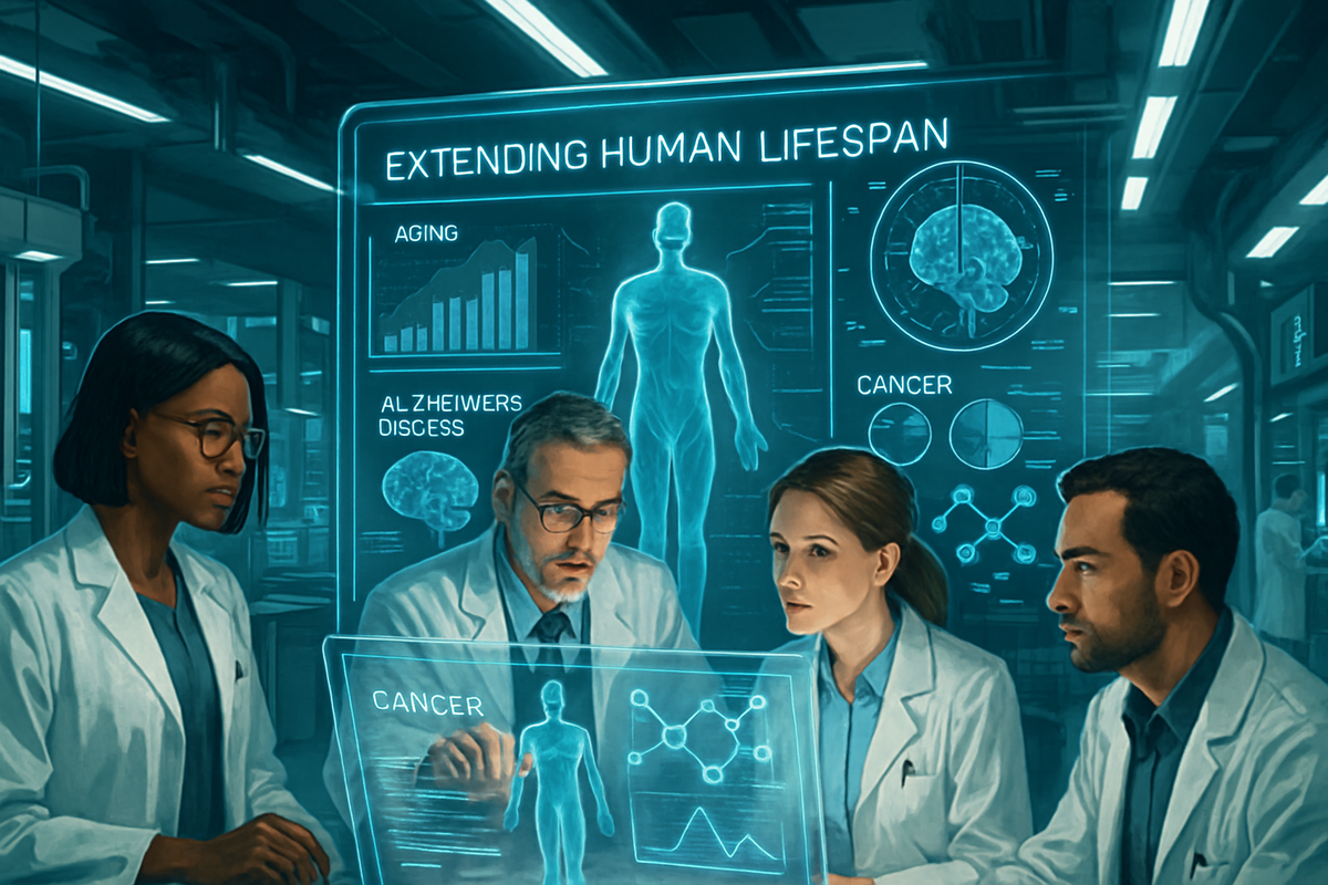 The image depicts four scientists in a lab engaging with holographic displays focused on extending human lifespan, addressing topics like aging, Alzheimer's, and cancer.