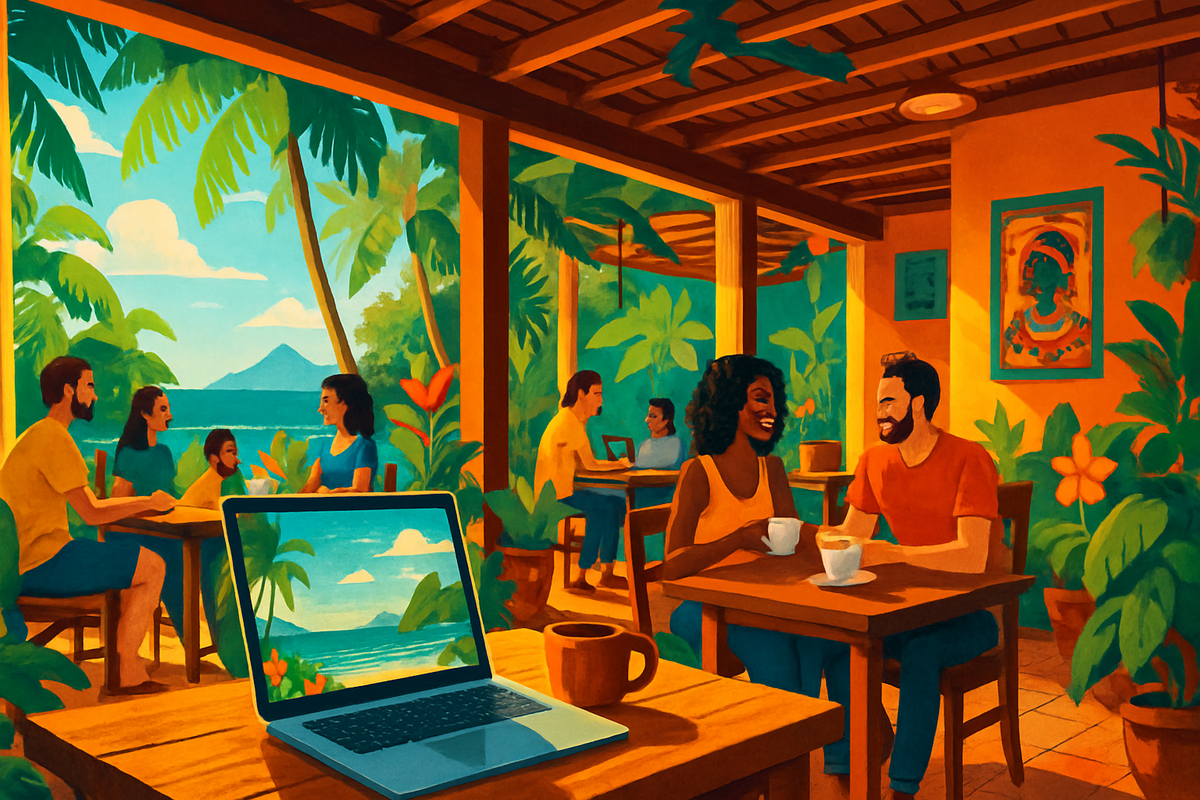 The image depicts a vibrant cafe scene filled with people enjoying drinks and conversations amidst tropical decor and nature.