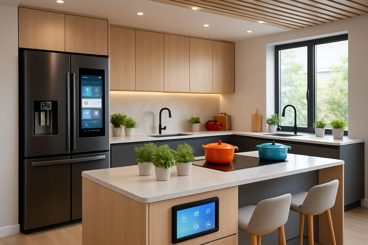 The image shows a modern kitchen with sleek cabinetry, a black refrigerator with a touchscreen, colorful cooking pots on an induction stove, and bright greenery on the countertops.