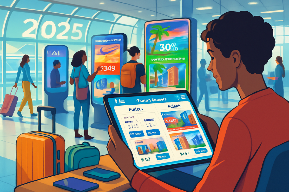The image depicts a busy airport terminal in 2025, featuring travelers engaging with digital displays while one person uses a tablet to check prices on products.