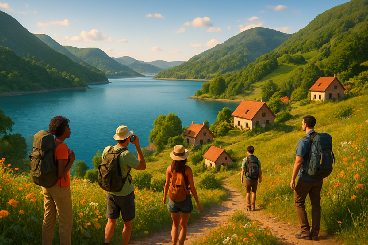 A group of hikers stands on a scenic path overlooking a tranquil lake surrounded by green hills and quaint houses.