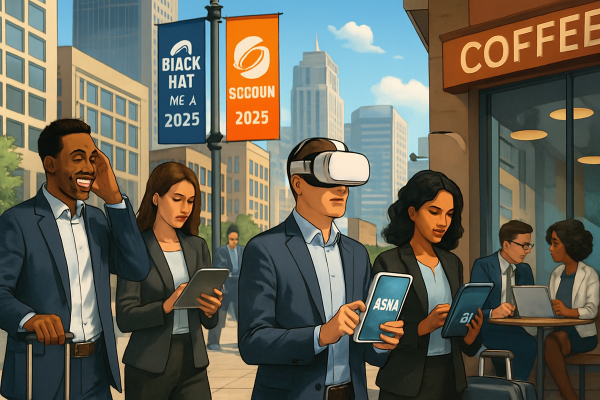 The image depicts a group of professionals in suits walking on a city street, with one person wearing a VR headset and others using devices, while banners advertising events hang above.