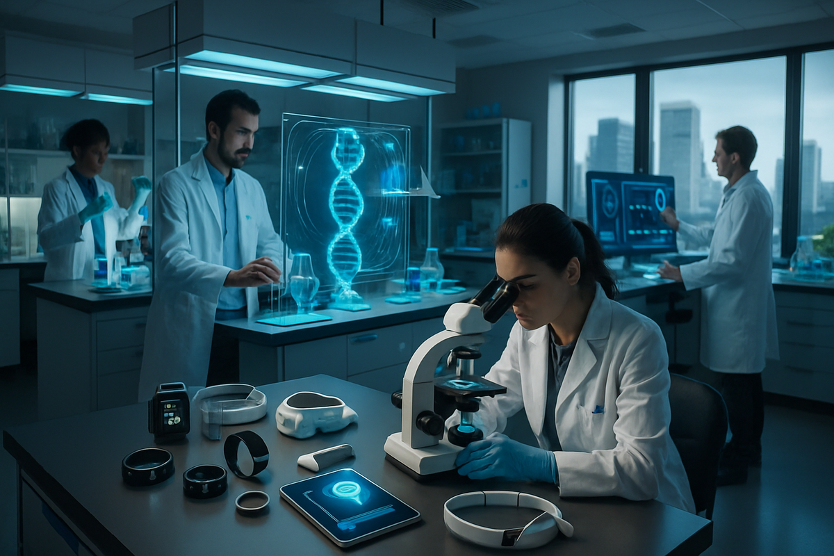 The image depicts a high-tech laboratory setting with scientists working on experiments, utilizing advanced equipment and holographic displays.