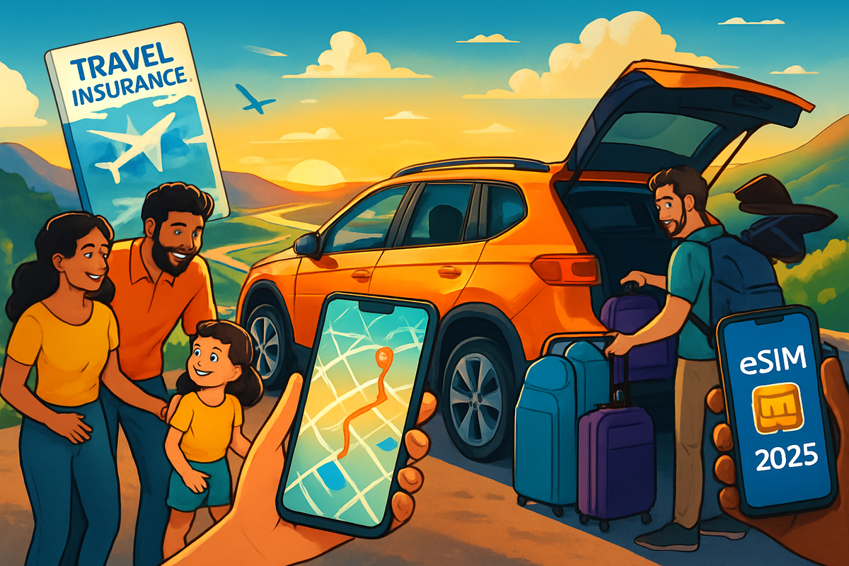 The image depicts a happy family preparing for a trip, with an orange car, luggage, and smartphones displaying travel-related information against a scenic sunset backdrop.