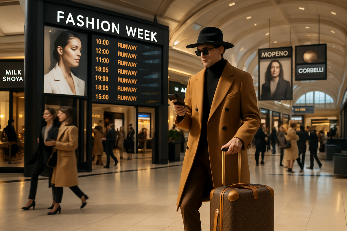A stylish man in a brown coat and hat checks his phone while walking past a digital Fashion Week schedule in a bustling public space.
