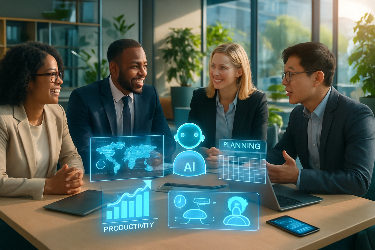 A group of four professionals in a modern office setting engage in a discussion, surrounded by holographic displays representing AI, productivity, and planning.