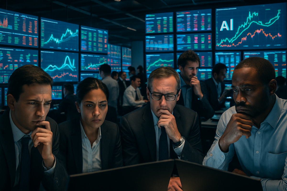 The image features a group of focused professionals in a high-tech trading room analyzing data on multiple screens displaying stock market information.