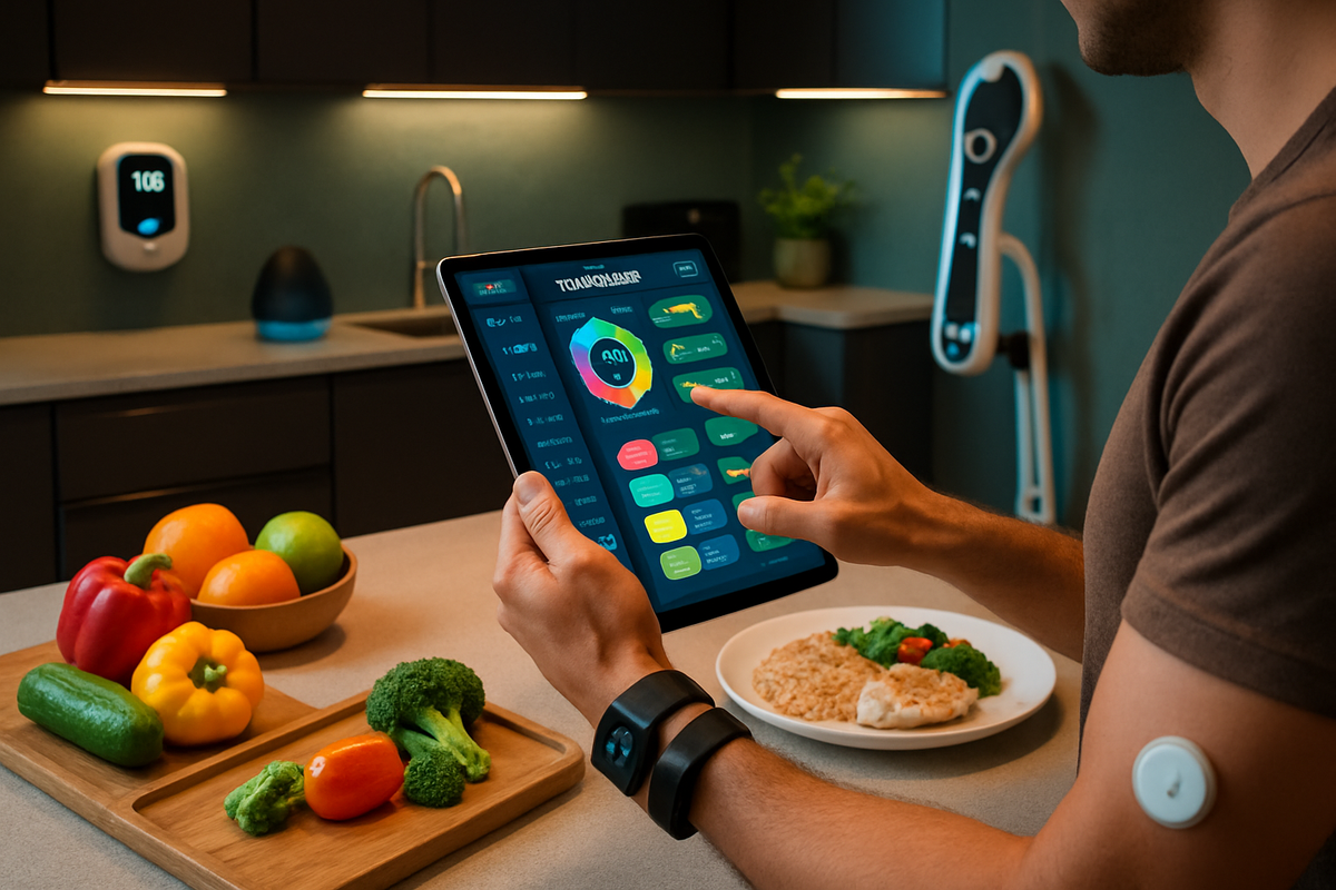 A person is using a tablet to monitor health metrics while sitting at a kitchen counter with various fresh vegetables and a plate of food.