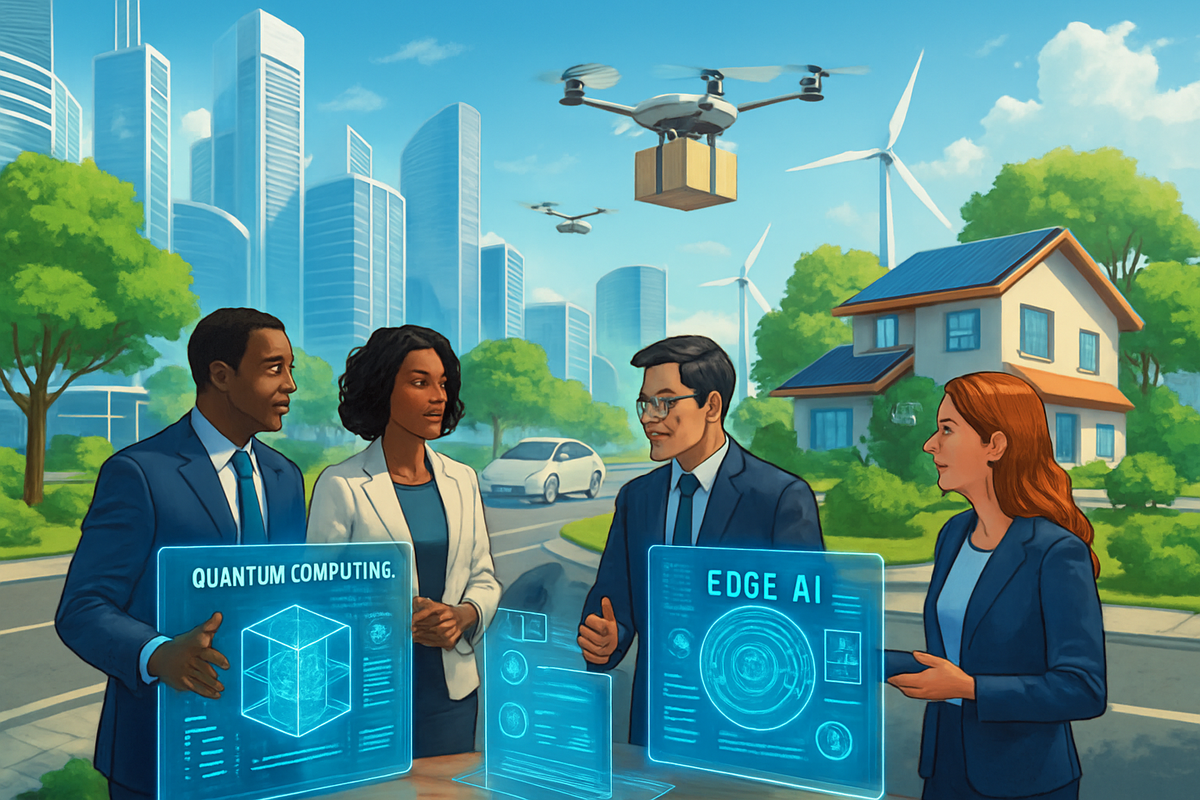 The image depicts a group of four professionals discussing advanced technologies like quantum computing and edge AI in a modern urban setting with skyscrapers and drones.