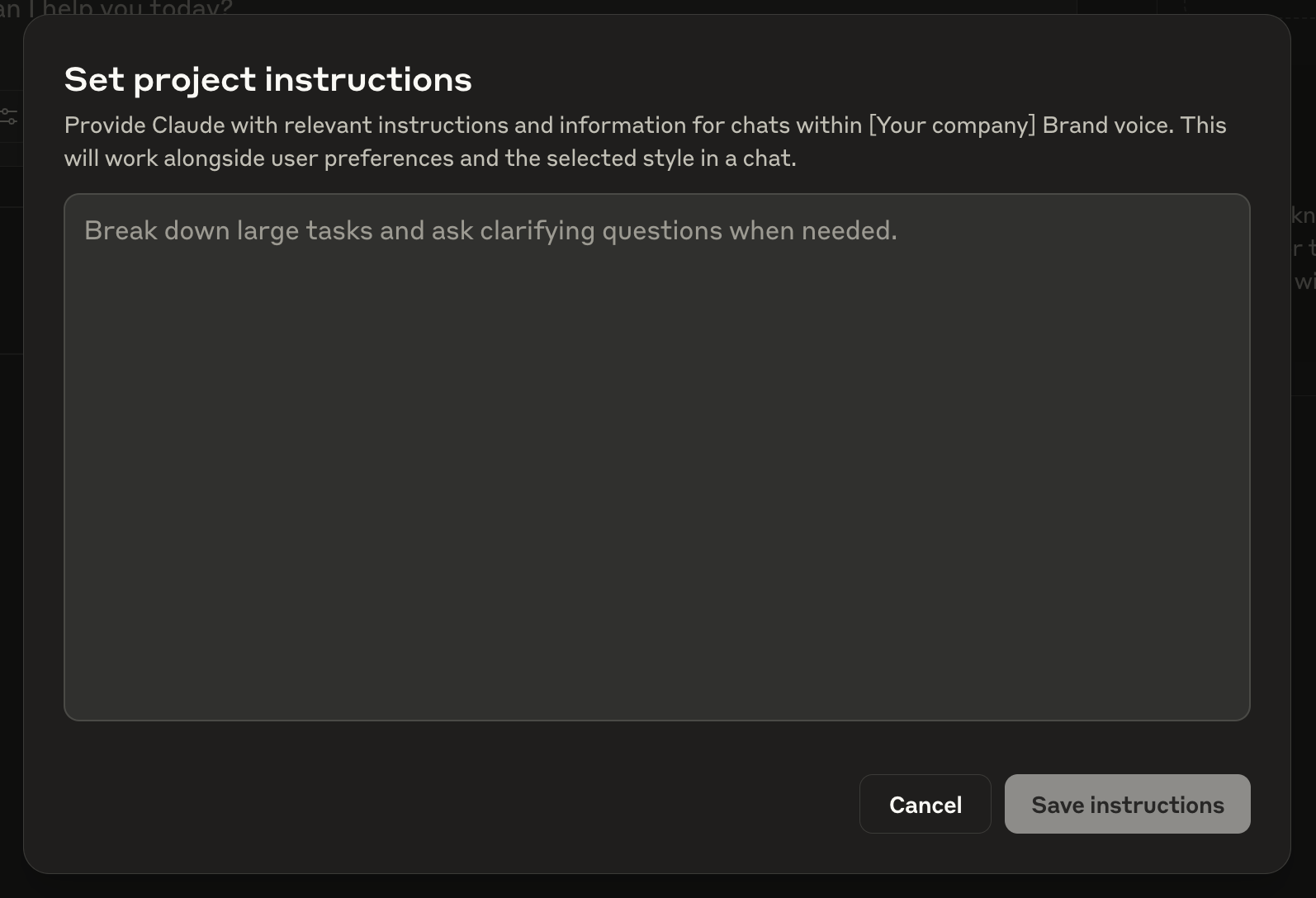 A screenshot of the "Set project instructions" screen.