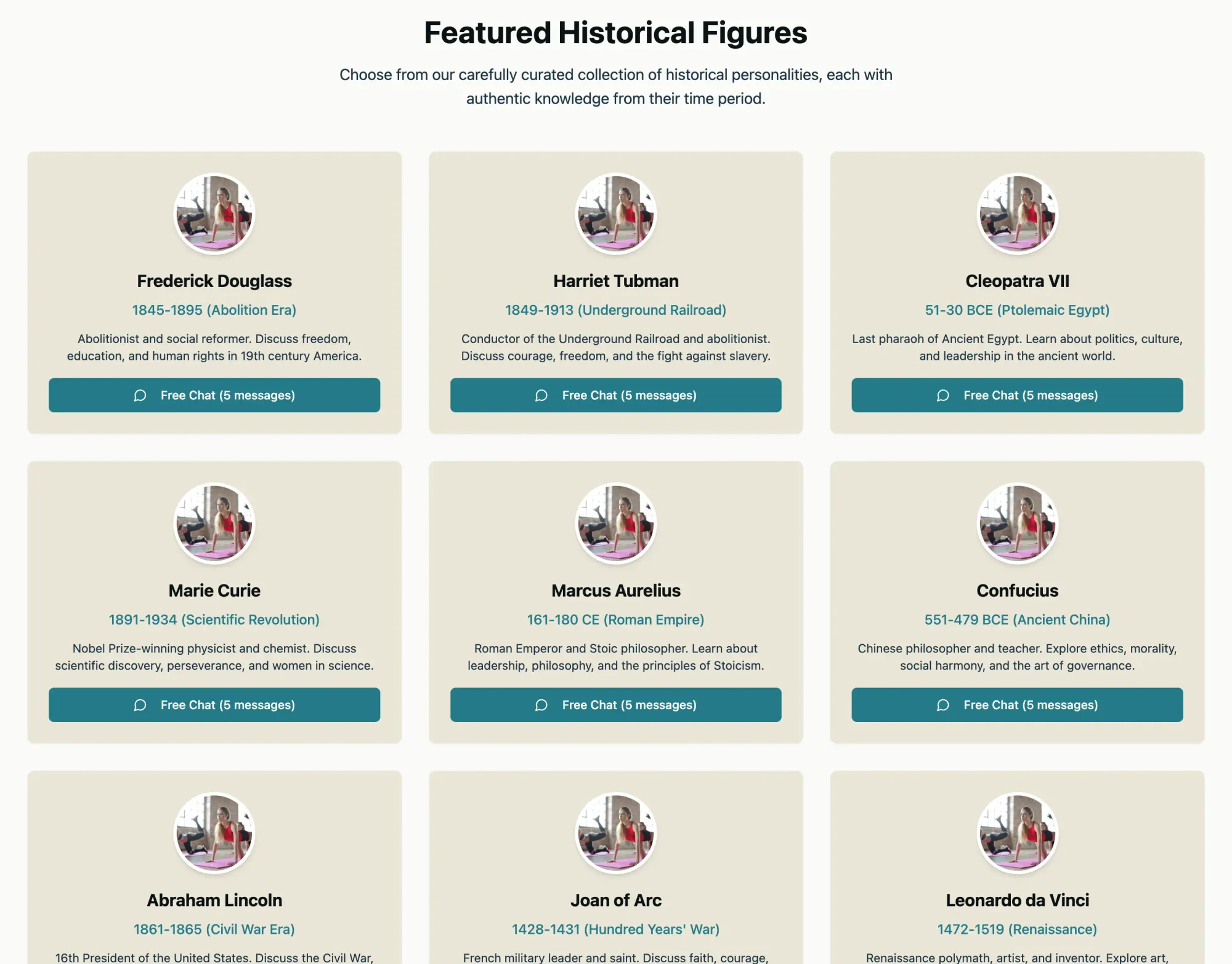 A screenshot of the historical figure options you can talk to on HistoryPal
