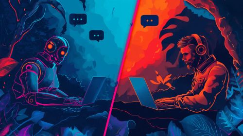 A split screen of a robot and a man typing.