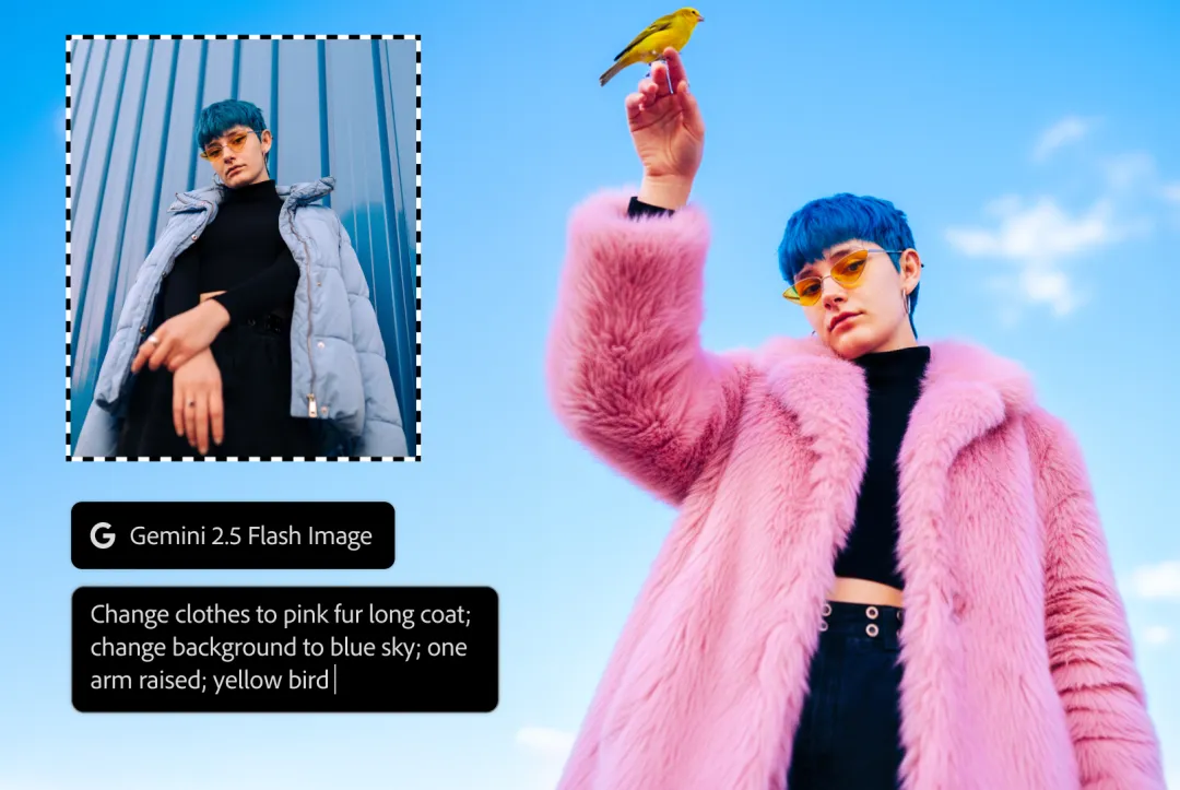 Edited image of woman in a pink coat using Gemini 2.5 Flash Image feature within Photoshop