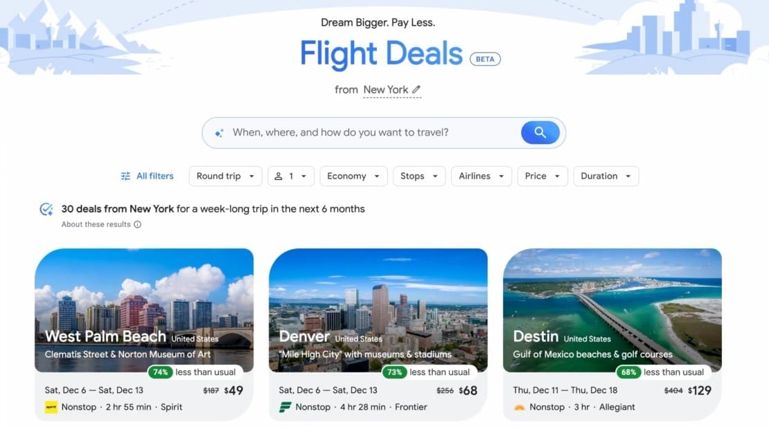 A screenshot of the landing page for Google's 'Flight Deals' page